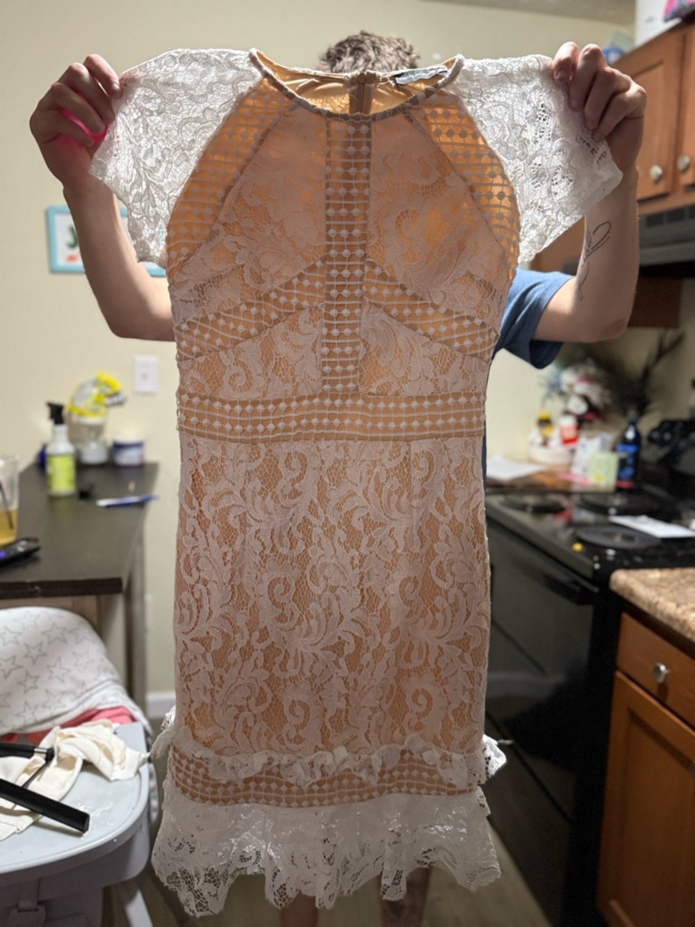 PrettyLittleThing Peach and White Lace Mini Dress